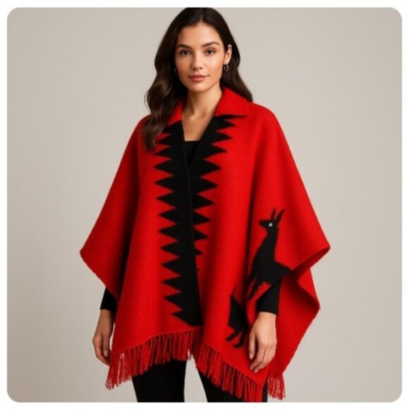 Vintage Womens Red Graphic Wool Llama Alpaca Print Wrap Cape Collared One Size - Picture 1 of 8